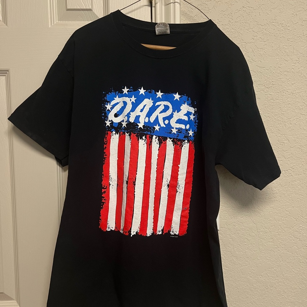 Black D.A.R.E. T-Shirt with Red and Blue Flag Design